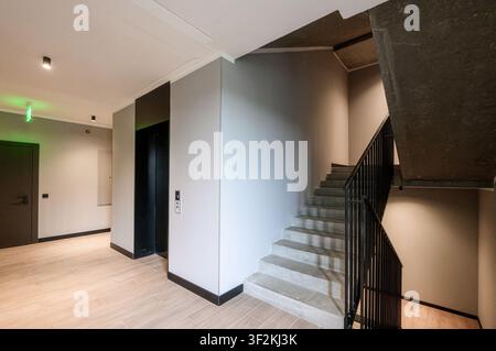 Vue intérieure d'un couloir d'un bâtiment moderne avec des sols en bois clair, un ascenseur et des escaliers en béton avec des rampes noires Banque D'Images