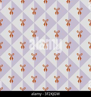Motif sans couture de nœuds coquette mignons sur un fond géométrique losange argyle lavande pastel. Banque D'Images