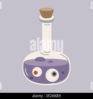 Bouteille de potion de sorcière effrayante d'Halloween dessinée à la main avec des globes oculaires, ingrédient pour l'élixir magique de sorcière pour la décoration saisonnière, emballage Illustration de Vecteur