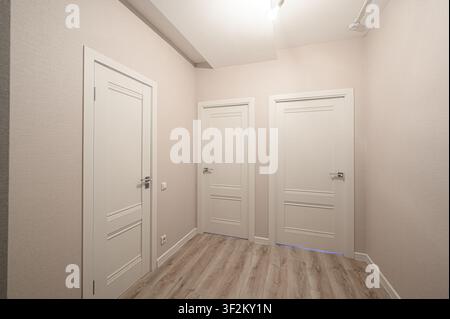 Couloir lumineux avec trois portes à panneaux blancs, des murs clairs et un sol aspect bois Banque D'Images