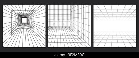 Ensemble de boîtes à grille de perspective. Lignes de maillage sur fond sombre. Fond de pièce 3D abstrait de style rétro Illustration de Vecteur