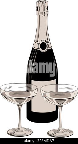 Bouteille de champagne avec deux coupes remplies, illustration vectorielle d'un vin pétillant élégant et d'un toast de célébration de luxe, isolé. Illustration de Vecteur