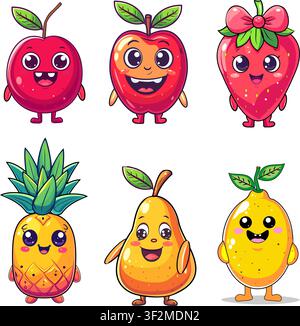 Ensemble de personnages de fruits en dessin animé mignons comprenant une pomme, une poire, un citron, ananas et une fraise. Illustration vectorielle colorée pour enfants, éducation, jeux Illustration de Vecteur