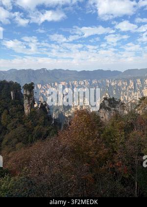 5 novembre 2025, Wulingyuan, Zhangjiajie, Chine – Des formations dramatiques de piliers de grès s'élèvent à travers la brume automnale du site du patrimoine mondial de l'UNESCO de Wulingyuan, province de Hunan. Banque D'Images