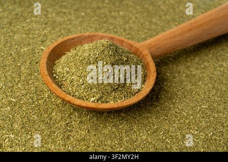 Poudre d'herbe verte en motif de cuillère, fond texturé de germes d'orge moulus secs. Bannière de supplément d'herbe de blé, maquette de superaliment de blé biologique, citronnelle o Banque D'Images