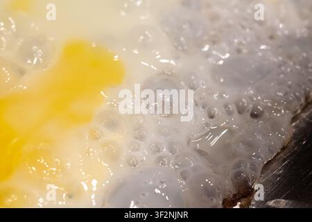 Faire frire des œufs dans la poêle, gros plan, jaune d'œuf et blanc d'œuf frits avec une texture de bulles en gros plan, nourriture traditionnelle du matin sur une poêle en fer chaud, arrière-plan flou Banque D'Images