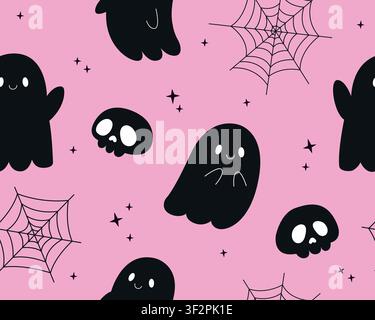 Illustration vectorielle de motif sans couture mignon pour Halloween. Fond rose avec fantômes noirs, crânes, toiles d'araignée et étoiles magiques, texture répétée. Fond gothique pastel effrayant pour tissu, papier d'emballage. Illustration de Vecteur
