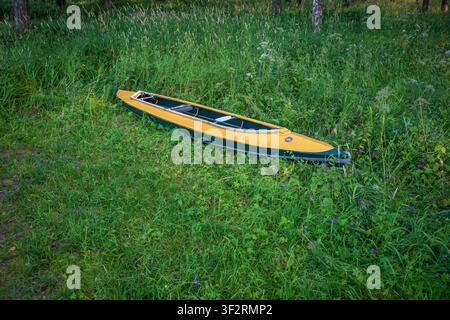 Kayak jaune et vert reposant sur une herbe luxuriante dans une prairie estivale arborée. Banque D'Images
