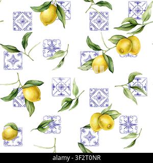 Motif sans couture avec citron tropical. Illustration aquarellée dessinée à la main sur fond blanc isolé. Motif d'agrumes de style méditerranéen ou Banque D'Images