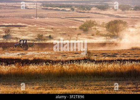Tracteur agricole labourant des terres agricoles à La Mancha à l'heure dorée Banque D'Images