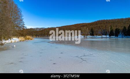 Lac gelé Čabraji près de Križevci. Vue aérienne époustouflante du lac gelé Čabraji, Croatie. Paysage hivernal minimaliste avec une rive enneigée Banque D'Images