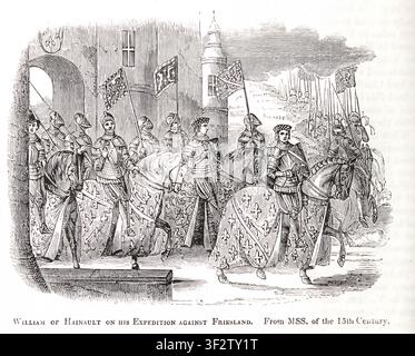 Guillaume de Hainaut chevauchant, portant une armure et une couronne, menant son armée et ses chevaliers dans une expédition contre la Frise tel que représenté dans un manuscrit du XVe siècle. Chroniques de l'Angleterre, de la France, de l'Espagne et des pays adjacents : de la dernière partie du règne d'Édouard II à l'intronisation d'Henri IV par Froissart, Jean, 1338-1410 Johnes, Thomas. Date de publication 1868 Banque D'Images