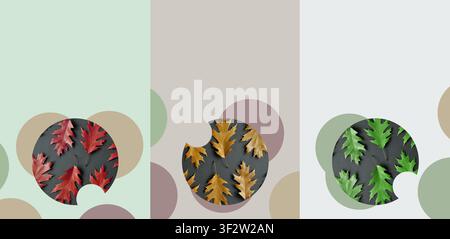 Concept de poster abstrait avec feuilles d'automne modernes. Motif géométrique surréaliste créatif avec des fragments de feuilles de chêne rouges sur fond clair avec espace de copie Banque D'Images