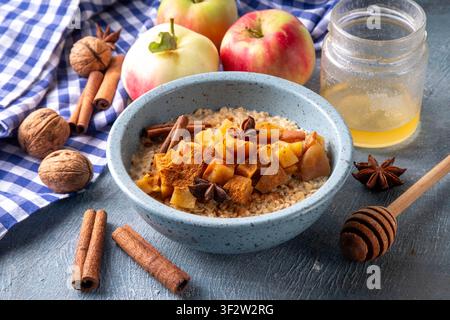 Petit-déjeuner automnal savoureux Bouillie d'avoine avec pomme et cannelle dans un bol, vue de dessus. Repas matinal sain et équilibré, avoine avec pomme cuite au four Banque D'Images