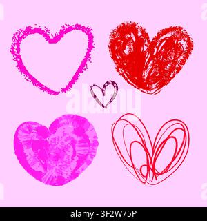 Collection de doodles composés de cœurs roses et rouges dessinés à la main. Ensemble de cœurs rouges dans différentes poses. Cœurs d'amour libres dessinés à la main. Croquis de cœur Illustration de Vecteur