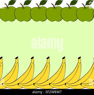Modèle de cadre de bordure horizontale sans couture pomme et banane illustration dessinée à la main colorée. Art graphique vectoriel à l'encre en ligne. Fond pour bannières, impression Illustration de Vecteur
