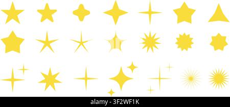 Collection d'étoiles scintillantes, étoiles jaunes de formes variées, décoration d'étoiles en clip art, isolées sur fond blanc, Éclats et étoiles jaunes Illustration de Vecteur