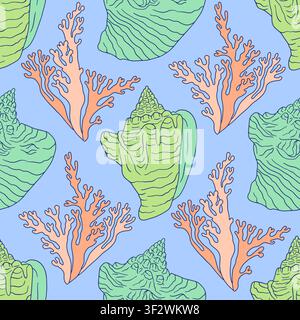 Coquille de conque pastel et motif côtier sans couture corail. Fond de répétition de mollusque dessiné à la main Illustration de Vecteur