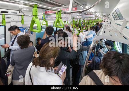 Montez à bord de l'emblématique ligne Yamanote à Tokyo, un trajet circulaire qui relie efficacement les quartiers clés de la capitale trépidante du Japon. Cette image ca Banque D'Images