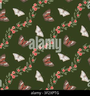 Papillons avec motif diagonal de fleurs sur fond vert. Aquarelle dessinée à la main d'un insecte paon blanc et brun avec fleur rouge. Modèle de conception d'été rustique pour tissu ou papier peint. Banque D'Images