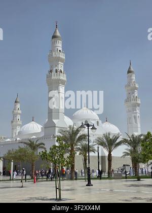 Vue extérieure majestueuse de la mosquée Quba à Médine, Arabie saoudite. Prise de vue en faible angle, verticale complète de la mosquée historique Quba (Masjid Quba) à Médine, Arabie saoudite, contre un ciel bleu clair. La photo met en valeur le design architectural blanc éclatant, avec des dômes élégants et des minarets imposants encadrés par des palmiers verts, de jeunes plants et des lampadaires modernes dans une cour pavée. On peut voir des gens et des visiteurs se promener au rez-de-chaussée sous une lumière du jour vive et claire. Banque D'Images