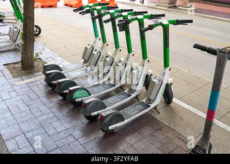 DALLAS, TX, ÉTATS-UNIS - 11 JUIN 2026 : Une rangée de scooters électriques Lime garés soigneusement sur un trottoir urbain à Dallas. Les scooters Lime sont populaires pour les trajets urbains courts Banque D'Images