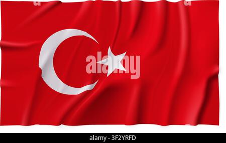 Drapeau réaliste de la Turquie isolé sur fond transparent. Drapeau en tissu atlas soie détaillé. PNG vectoriel Illustration de Vecteur