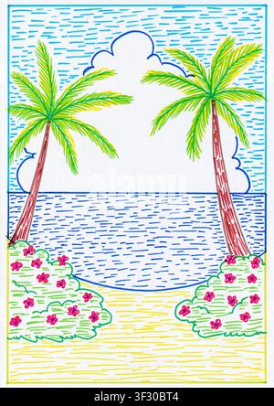 Dessin à la main d'une plage tropicale dans un style d'illustration coloré dessiné à la main, encadrée par deux palmiers penchés au bord de la mer. Banque D'Images