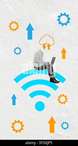 Art conceptuel d'un homme d'affaires décapité assis sur un grand symbole WiFi bleu, utilisant un ordinateur portable entouré d'icônes numériques telles que des engrenages, des flèches et un clo Banque D'Images