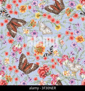Papillons avec des ornements floraux éparpillés motif sans couture sur fond bleu. Aquarelle dessinée à la main d’un paon blanc et rouge avec pétunia violette. Modèle de design d’été rustique pour tissu ou papier peint. Banque D'Images