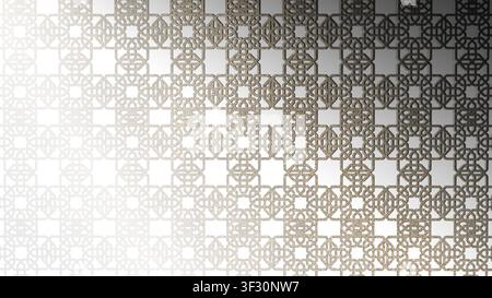 Un fond sophistiqué présentant un motif géométrique doré complexe avec une transition douce de blanc à gris, parfait pour les designs de luxe Banque D'Images