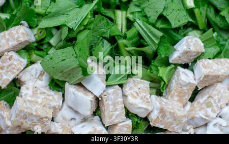 Morceaux de tempeh et feuilles vertes fraîches fond alimentaire en gros plan Banque D'Images