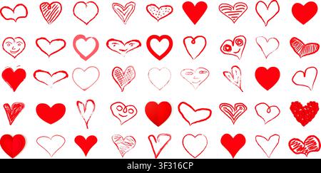 Grand ensemble de cœurs rouges. Icônes du jour du 8 mars. Signes de cœur isolés sur fond transparent. Autocollants concept amour. Cœurs et sourires dessinés à la main style doodle Illustration de Vecteur