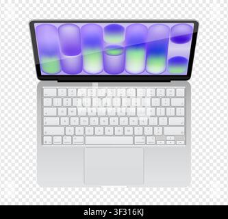 Maquette réaliste détaillée d'un cahier en argent. Vue avant d'un cahier ouvert avec clavier isolé sur fond transparent. Illustration vectorielle Illustration de Vecteur