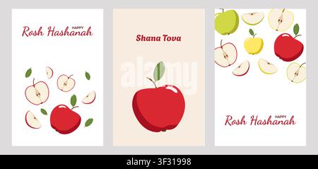 Trois cartes de vœux Rosh Hashanah avec des pommes, des tranches et des feuilles, représentant Happy Rosh Hashanah Illustration de Vecteur