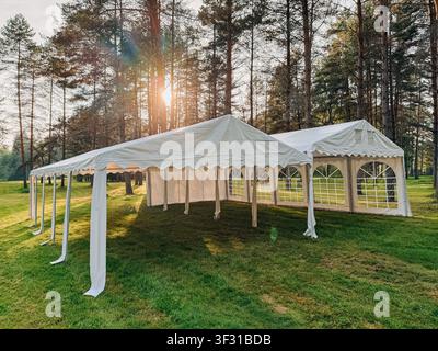 Grandes tentes blanches installées sur une pelouse verte luxuriante entourée de grands pins baignée par la lumière chaude du soir. Idéales pour les mariages en plein air, les entreprises Banque D'Images