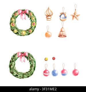 Une collection de décorations de Noël et d'arbres. Illustrations aquarellées isolées pour la conception de cartes de vœux, calendriers, emballages, enfants Banque D'Images