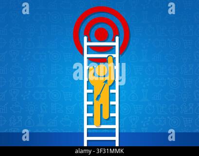 Réussir. Personne avec flèche montant l'échelle vers le haut pour atteindre la cible, fond bleu. Illustration créative Banque D'Images