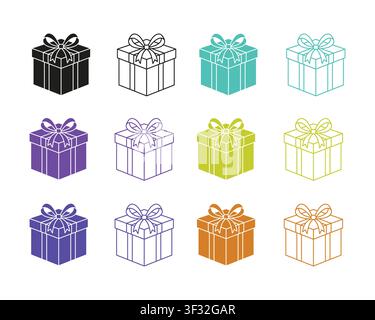 Une collection de douze boîtes-cadeaux éclatantes nouées avec des rubans décoratifs, prêtes pour la présentation ou la célébration. Illustration de Vecteur