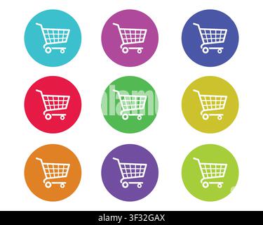 Une collection de neuf icônes de panier d'achat élégantes, chacune dans un cercle lumineux différent, parfaites pour les designs de commerce électronique et de vente au détail. Illustration de Vecteur