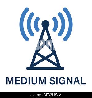 Icône vectorielle simple d'une antenne relais émettant des ondes de force de signal moyenne, représentée avec des lignes rayonnantes bleues pour plus de clarté. Illustration de Vecteur
