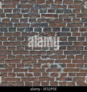 Un mur de briques rouge foncé fortement érodé et encrassé avec des taches de suie visibles, un mortier vieilli et une apparence rustique robuste. Banque D'Images