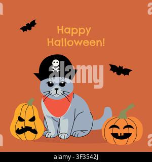 Carte de vœux Halloween avec un mignon chat gris déguisé en pirate, assis entre des citrouilles jack-o-lantern expressives, des chauves-souris volantes et Happy Halloween Illustration de Vecteur