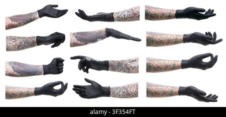 Homme montrant ses mains tatouées, gros plan. Ensemble de gestes sur fond blanc Banque D'Images