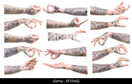 Homme montrant ses mains tatouées, gros plan. Ensemble de gestes sur fond blanc Banque D'Images