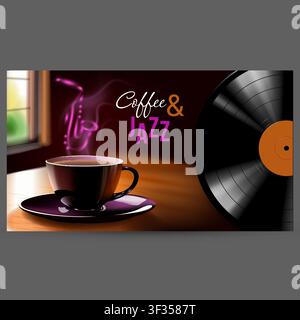 De la vapeur violette s'élève d'une tasse de café fumante. Un disque vinyle noir repose à côté de la tasse. Un texte de jazz brille au-dessus de la vapeur. Une lumière douce filtre à travers un Illustration de Vecteur