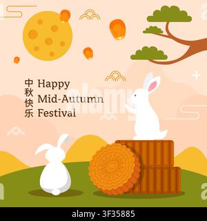 Bannière carrée joyeuse du Festival de la Mi-Automne avec une illustration de lapins mignons Illustration de Vecteur