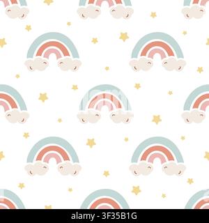 Motif sans couture avec des arcs-en-ciel et des étoiles mignons dessinés à la main dans des couleurs neutres genre. Impression pour papier peint pour enfants, conception textile, fête de naissance, produits pour nouveau-nés, décoration de chambre d'enfant pour enfants. Illustration de Vecteur
