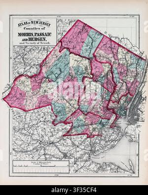 Carte d'atlas de 1873 des comtés de Morris, Passaic et Bergen, New Jersey, y compris les environs de Newark Banque D'Images