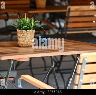 Vue d'un cadre de café en plein air avec une table en bois, une petite plante verte dans un pot tissé et un cendrier noir. Concept idéal pour les terrasses de restaurant, les repas d'été, l'hôtellerie, l'ambiance café, les meubles de patio et un style de vie décontracté. Banque D'Images